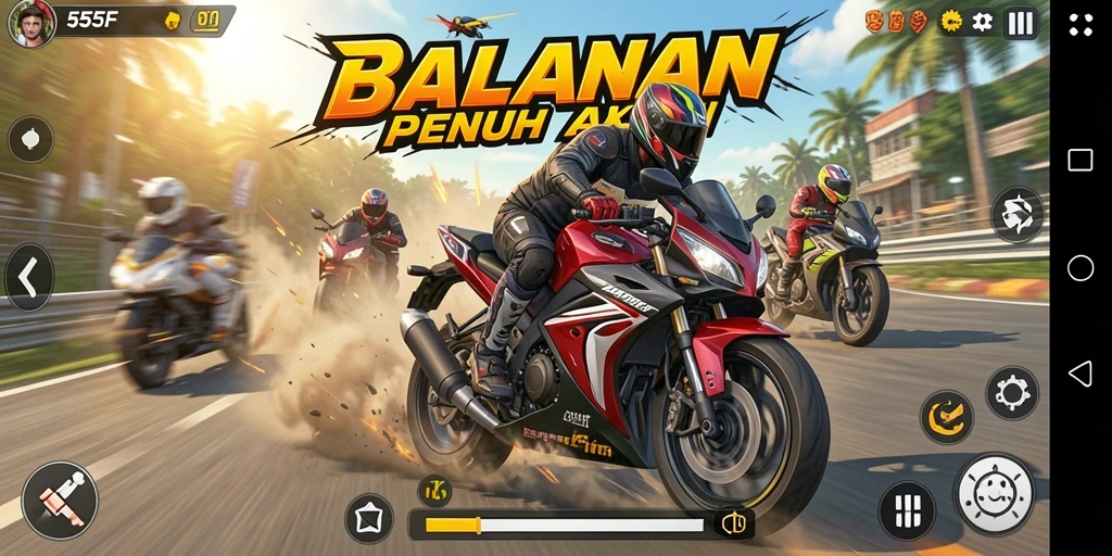 Tangkapan layar game 555F menampilkan balapan motor yang mendebarkan.