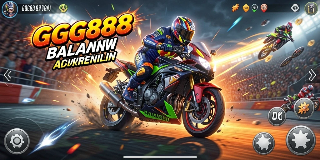 Gameplay GGG888 menampilkan balapan motor yang penuh aksi dan kecepatan.
